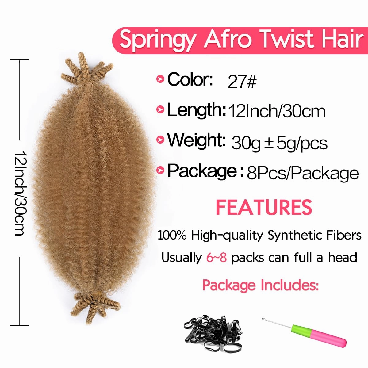 12 Inch Pre Separated Cuban Twist Hair 8Packs Spring Twist Hair for Butterfly Soft Synthetic Marley Twist Braiding Hair For Women (12 Inch,8Pack,#27)
