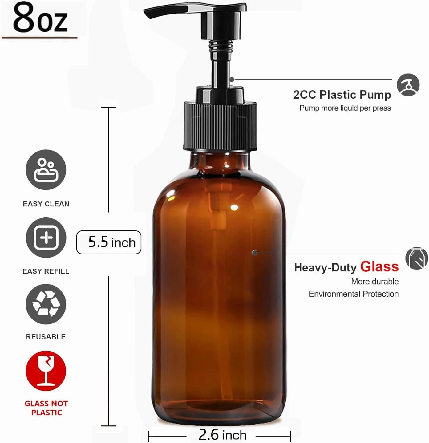 12 Pack 8 oz Amber Glass Bottles with Pumps for Essential Oils, Cleaning Products, Lotions, Aromatherapy Oil, Pump Bottles, Refillable Containers With Cap, Funnel, 12 Chalk Labels, 1 Pen