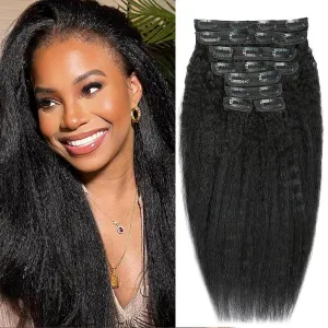 14 Inch Kinky Straight Clip in Hair Extensions Real Human Hair Yaki Straight Clip ins Seamless Remy Human Hair Clip in Extensions for Black Women Natural Black 8Pcs 100g 20 Clips