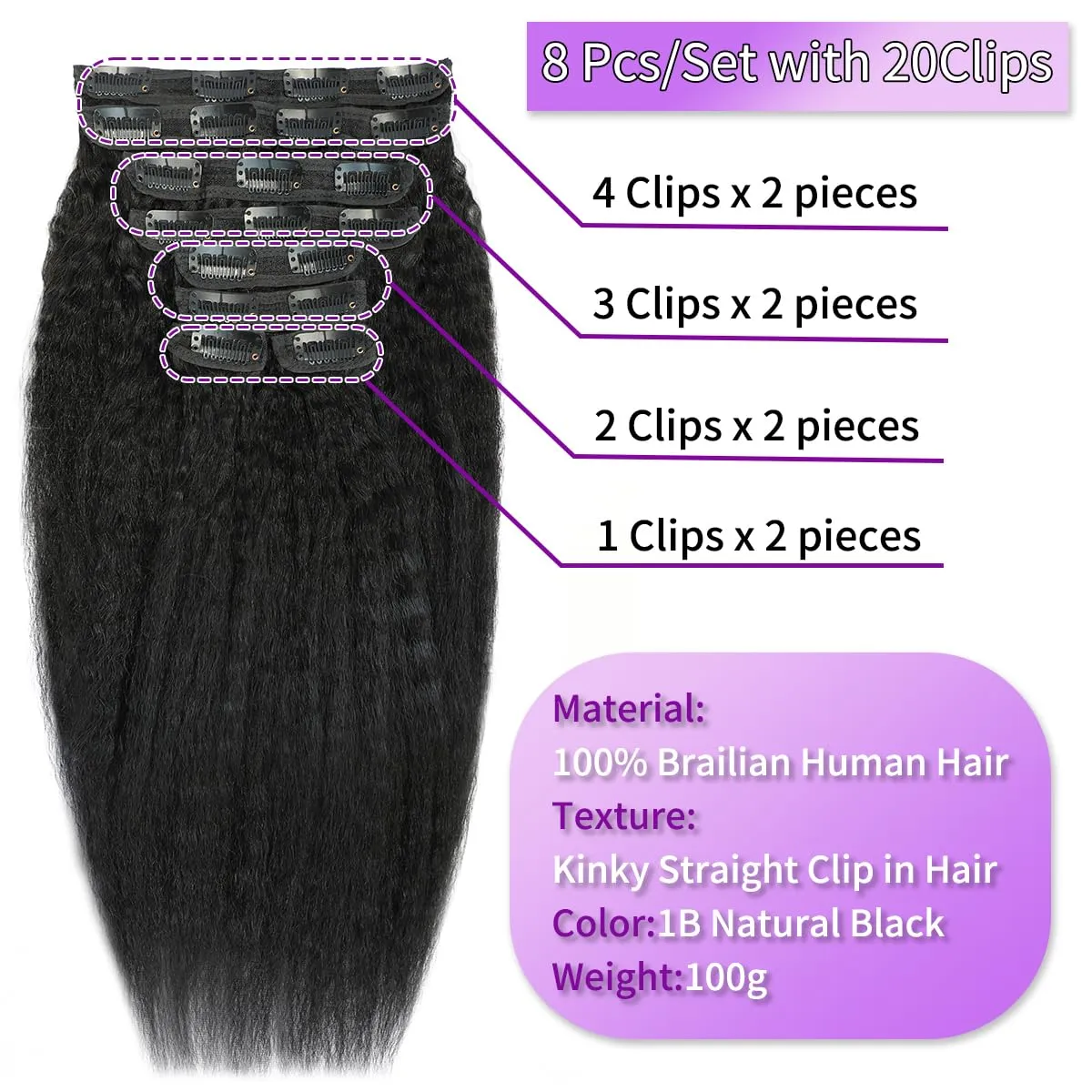 14 Inch Kinky Straight Clip in Hair Extensions Real Human Hair Yaki Straight Clip ins Seamless Remy Human Hair Clip in Extensions for Black Women Natural Black 8Pcs 100g 20 Clips