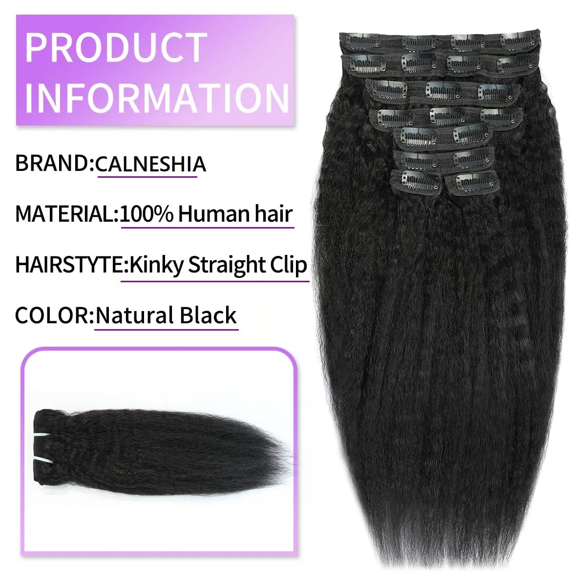 14 Inch Kinky Straight Clip in Hair Extensions Real Human Hair Yaki Straight Clip ins Seamless Remy Human Hair Clip in Extensions for Black Women Natural Black 8Pcs 100g 20 Clips