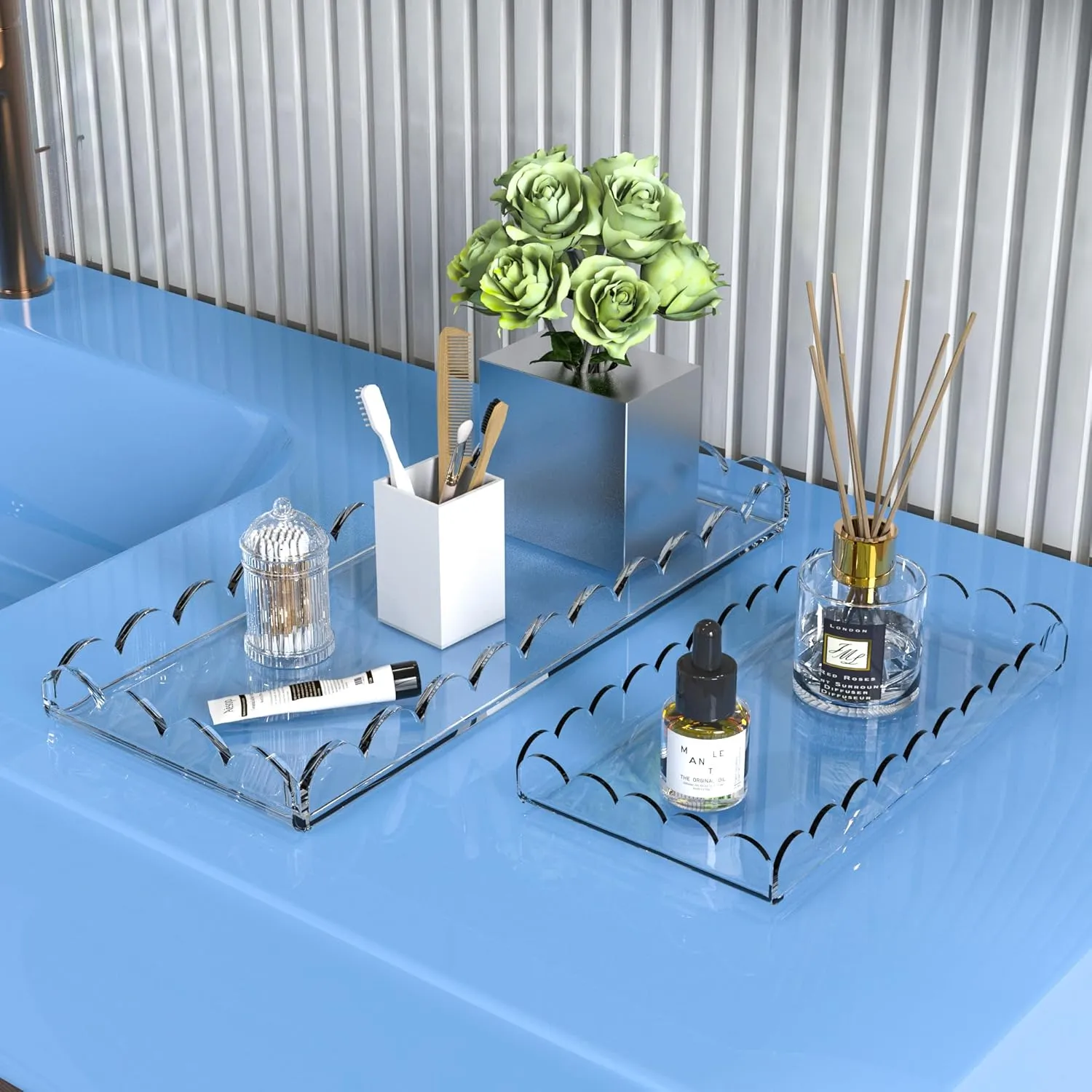 2 Pack Scalloped Acrylic Bathroom Vanity Tray for Counter Clear Acrylic Trays for Organizing Perfume Sponge Soap Makeup Storage Holder Toilet Tray Decor (Large: 11"L x 5"W   Middle: 8"L x 4"W)