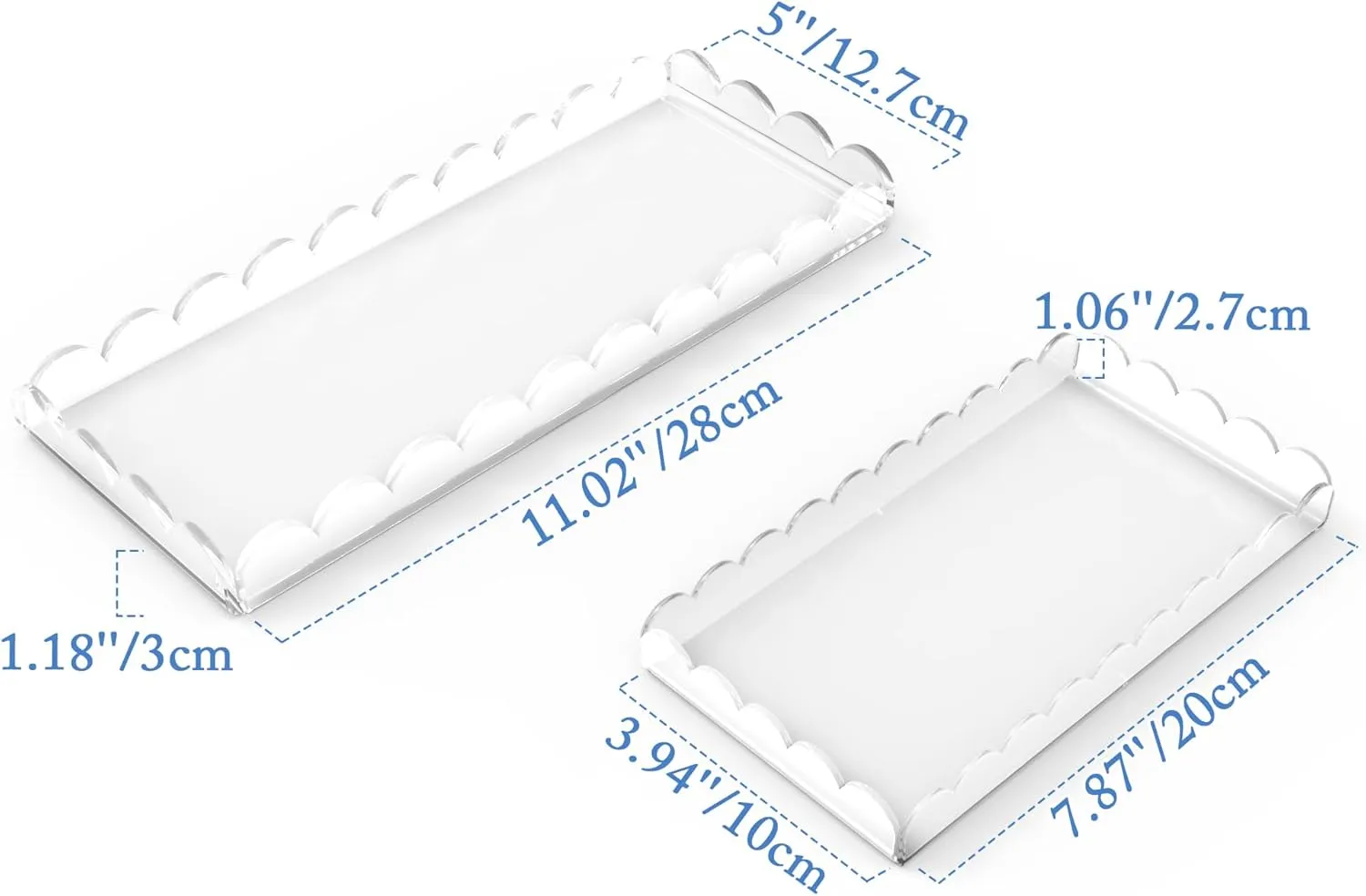 2 Pack Scalloped Acrylic Bathroom Vanity Tray for Counter Clear Acrylic Trays for Organizing Perfume Sponge Soap Makeup Storage Holder Toilet Tray Decor (Large: 11"L x 5"W   Middle: 8"L x 4"W)