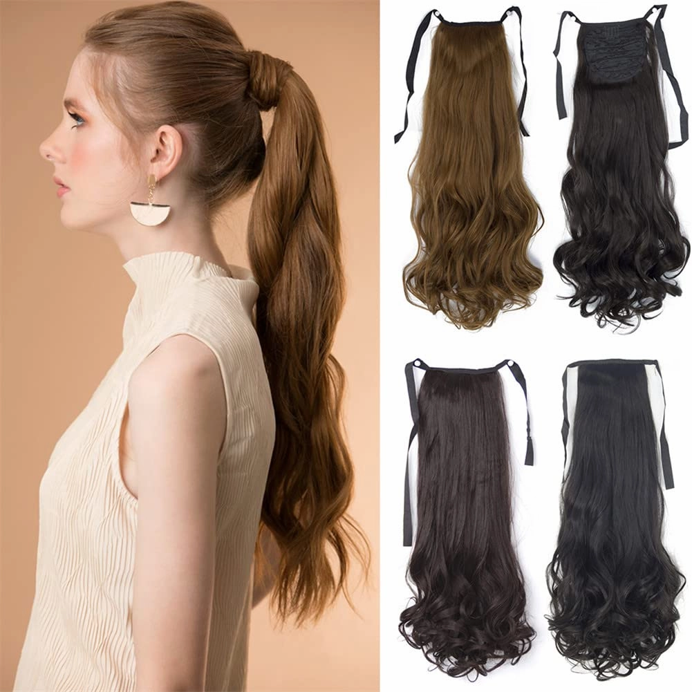 22 Inch Synthetic Ponytailtails Bandage Hair Piece Long Wavy Hair Extensions Heat Resistant Fiber Hairpieces 8 22IN