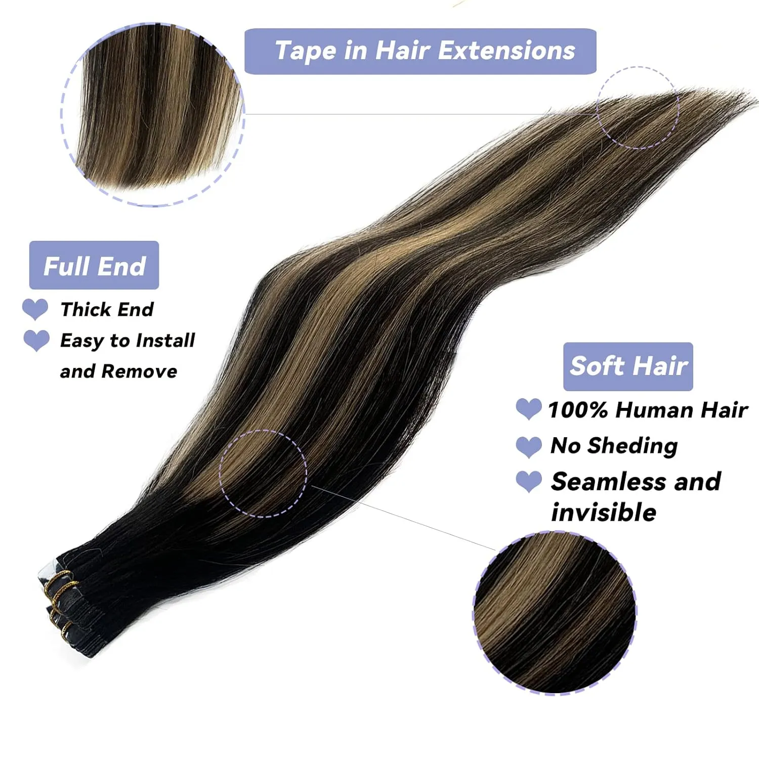 22Inch Ombre Human Hair Extensions Balayage Natural Black with Strawberry Brown 100% Remy Tape in Hair Extensions Seamless Soft Straight Tape in Hair Extensions 60g/20pcs(#1b27/1B)