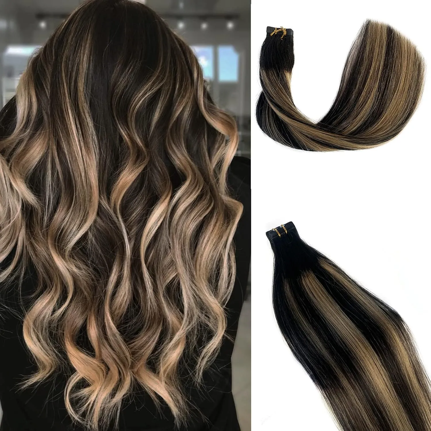 22Inch Ombre Human Hair Extensions Balayage Natural Black with Strawberry Brown 100% Remy Tape in Hair Extensions Seamless Soft Straight Tape in Hair Extensions 60g/20pcs(#1b27/1B)