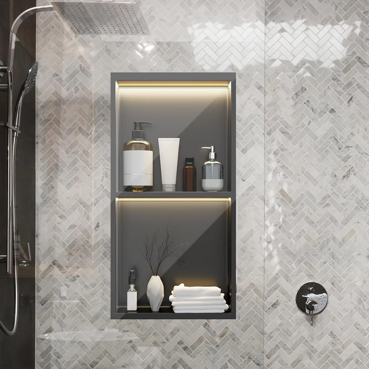 24 x 12 Inch LED Light Shower Niche Stainless Steel Niche No Tile Needed with Light Double Layer Recessed Wall Niche Insert Shower Niche Shower for Bathroom Storage(Black)