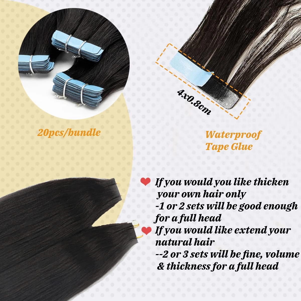 24 Inch Tape in Human Hair Extensions Yaki Straight Tape in Hair Extensions 100% Real Human Hair 20PCS Invisible PU Skin Weft Natural Black Yaki Straight Tape ins for Black Women 50grams