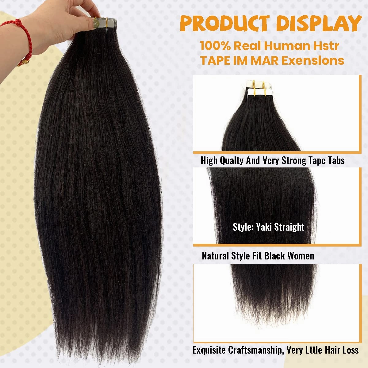 24 Inch Tape in Human Hair Extensions Yaki Straight Tape in Hair Extensions 100% Real Human Hair 20PCS Invisible PU Skin Weft Natural Black Yaki Straight Tape ins for Black Women 50grams