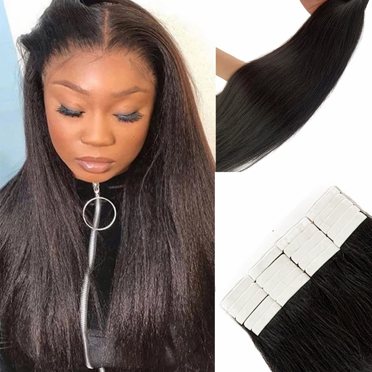 24 Inch Tape in Human Hair Extensions Yaki Straight Tape in Hair Extensions 100% Real Human Hair 20PCS Invisible PU Skin Weft Natural Black Yaki Straight Tape ins for Black Women 50grams