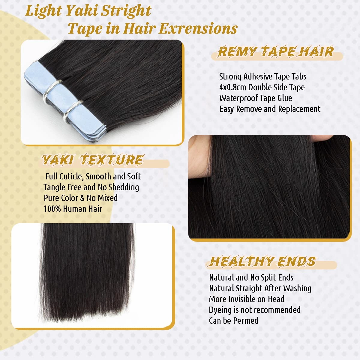 24 Inch Tape in Human Hair Extensions Yaki Straight Tape in Hair Extensions 100% Real Human Hair 20PCS Invisible PU Skin Weft Natural Black Yaki Straight Tape ins for Black Women 50grams