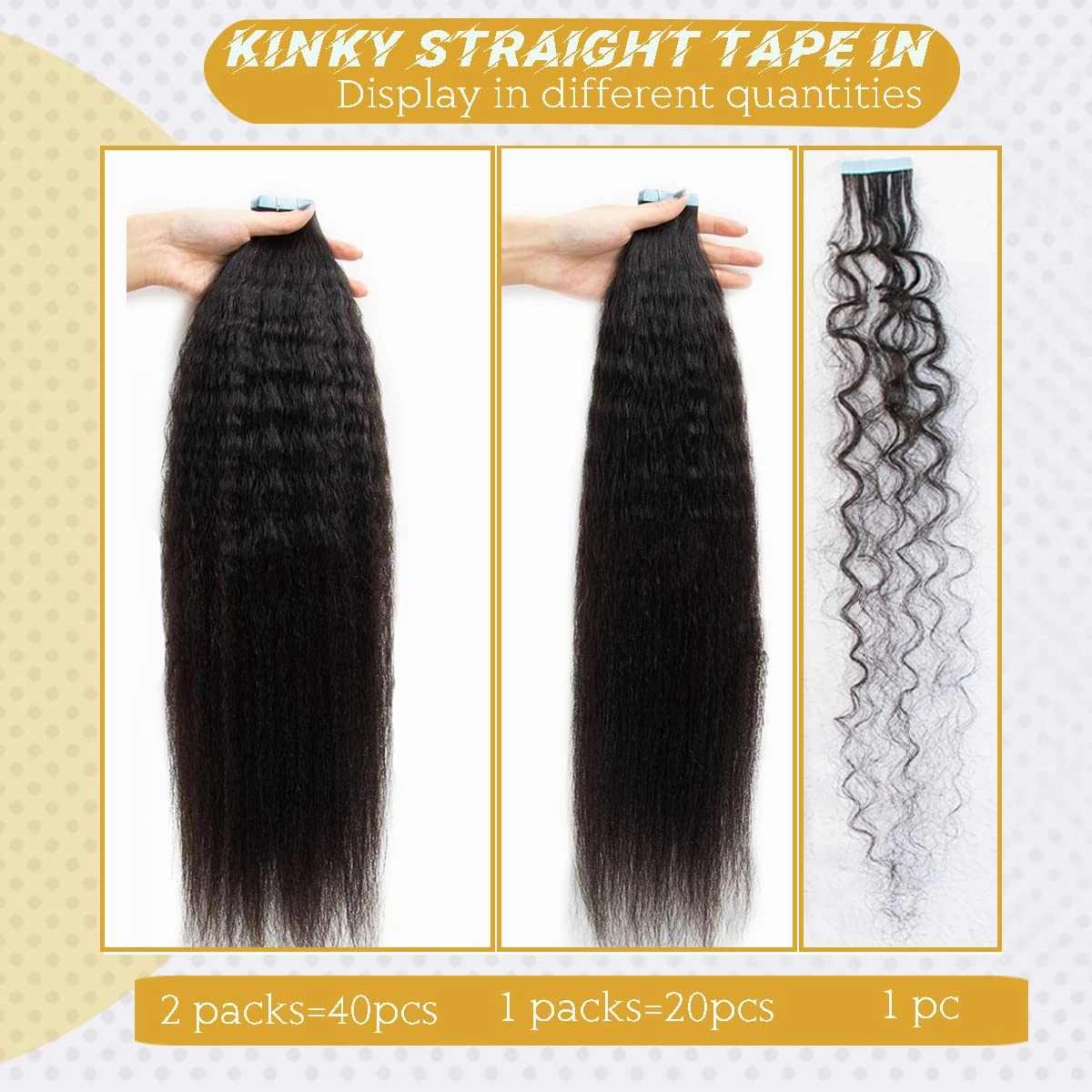 24Inch Kinky Straight Tape in Hair Extensions Kinky Tape in Hair Extensions Human Hair Skin Weft Real Hair Kinky Straight Hair Extensions Tape ins for Black Women 50g 20 Pieces