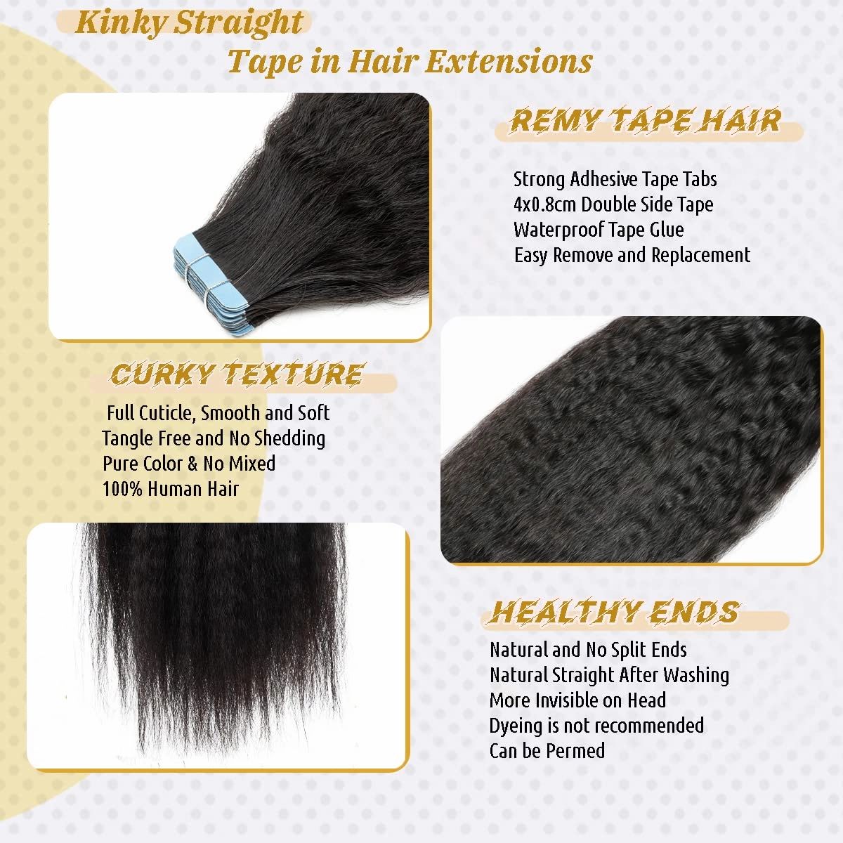 24Inch Kinky Straight Tape in Hair Extensions Kinky Tape in Hair Extensions Human Hair Skin Weft Real Hair Kinky Straight Hair Extensions Tape ins for Black Women 50g 20 Pieces