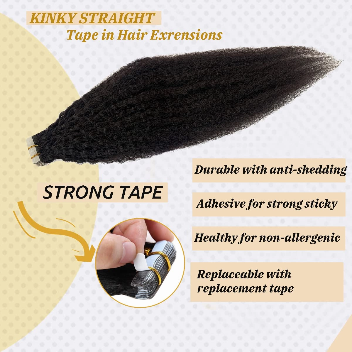 24Inch Kinky Straight Tape in Hair Extensions Kinky Tape in Hair Extensions Human Hair Skin Weft Real Hair Kinky Straight Hair Extensions Tape ins for Black Women 50g 20 Pieces
