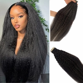 24Inch Kinky Straight Tape in Hair Extensions Kinky Tape in Hair Extensions Human Hair Skin Weft Real Hair Kinky Straight Hair Extensions Tape ins for Black Women 50g 20 Pieces