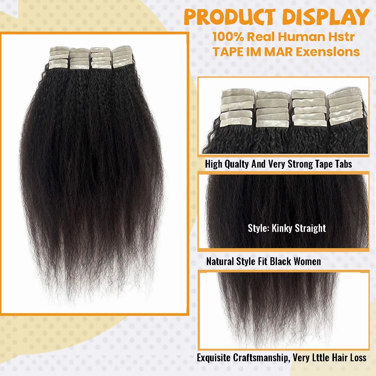 24Inch Kinky Straight Tape in Hair Extensions Kinky Tape in Hair Extensions Human Hair Skin Weft Real Hair Kinky Straight Hair Extensions Tape ins for Black Women 50g 20 Pieces