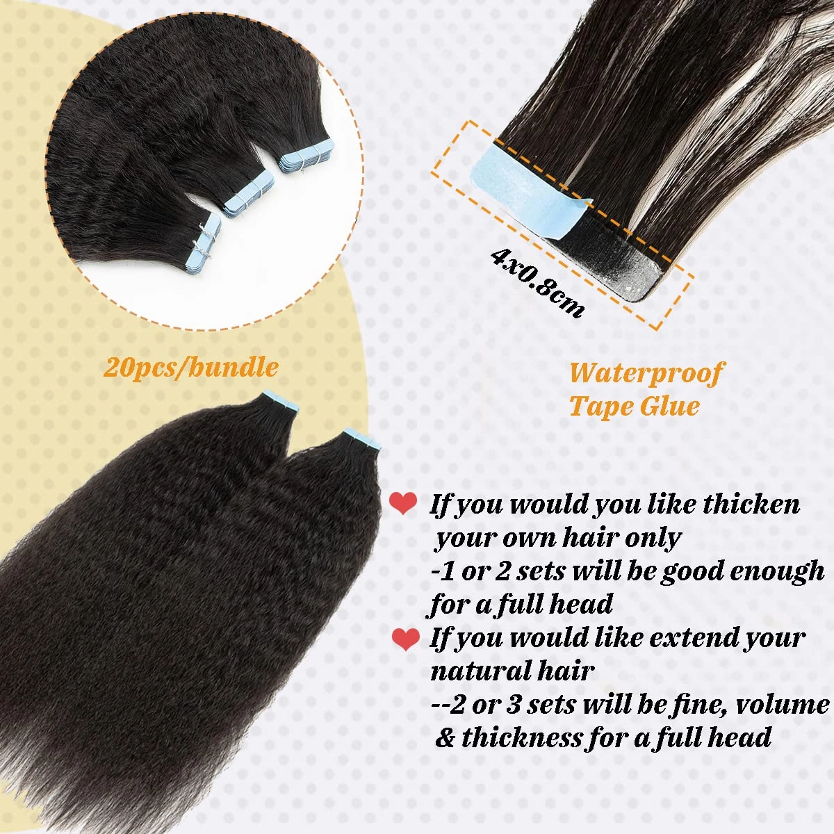 24Inch Kinky Straight Tape in Hair Extensions Kinky Tape in Hair Extensions Human Hair Skin Weft Real Hair Kinky Straight Hair Extensions Tape ins for Black Women 50g 20 Pieces