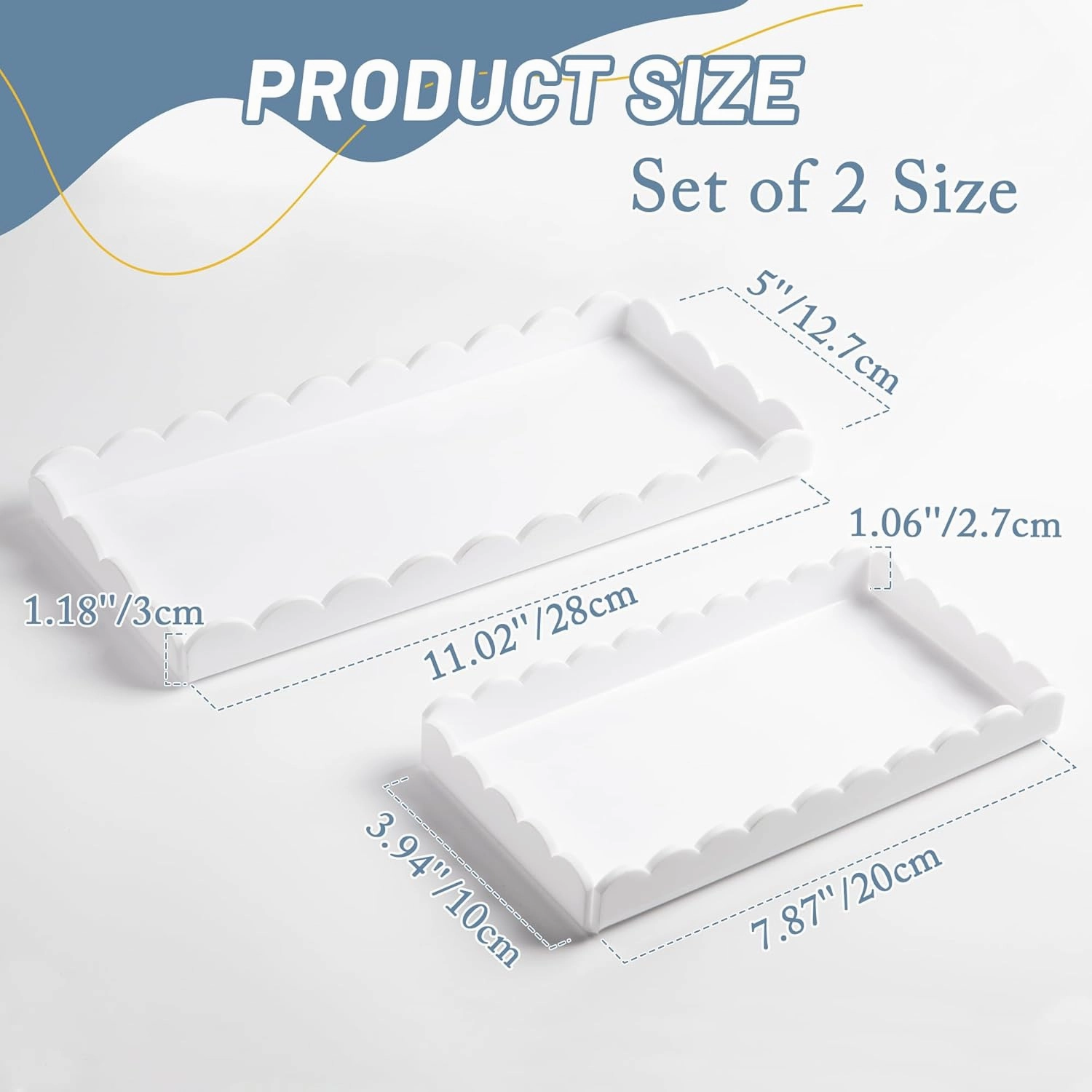 2 Pack Scalloped White Acrylic Bathroom Vanity Tray for Counter Clear Acrylic Trays for Organizing Perfume Sponge Soap Makeup Storage Holder Toilet Tray ( White ,Large: 11"L x 5"W   Middle: 8"L x 4"W)