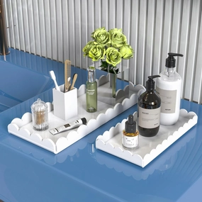 2 Pack Scalloped White Acrylic Bathroom Vanity Tray for Counter Clear Acrylic Trays for Organizing Perfume Sponge Soap Makeup Storage Holder Toilet Tray ( White ,Large: 11"L x 5"W   Middle: 8"L x 4"W)