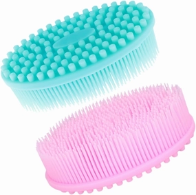2Pcs Silicone Bathing Scrubbers Quick Dry Massage Shampoo Cleaning Brushes for Boy Girl Durable Stretchy for Newborn Blue Pink
