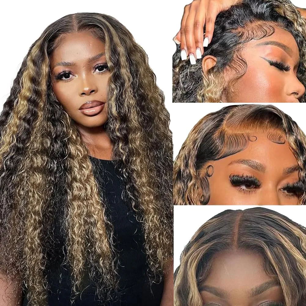 30 Inch Ombre Lace Front Wig Human Hair Deep Wave Highlight Honey Blonde 13x6 Transparent Lace Front Wigs For Women 180% Density Colored 1B/30 Balayage Wigs Human Hair