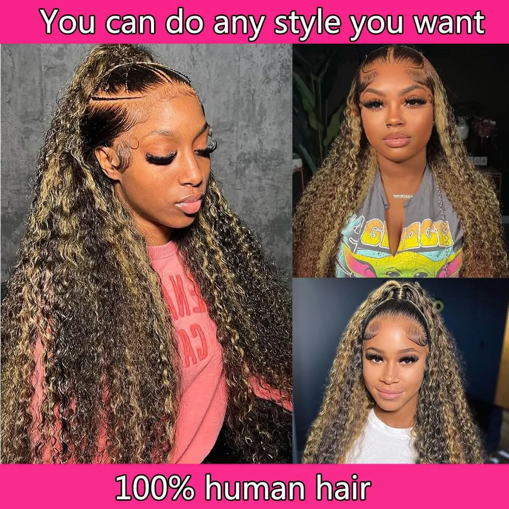 30 Inch Ombre Lace Front Wig Human Hair Deep Wave Highlight Honey Blonde 13x6 Transparent Lace Front Wigs For Women 180% Density Colored 1B/30 Balayage Wigs Human Hair