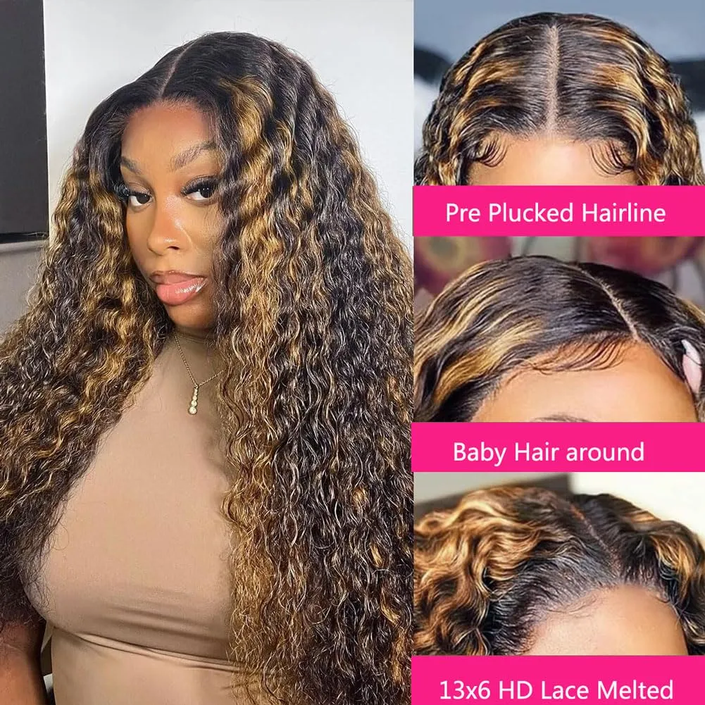 30 Inch Ombre Lace Front Wig Human Hair Deep Wave Highlight Honey Blonde 13x6 Transparent Lace Front Wigs For Women 180% Density Colored 1B/30 Balayage Wigs Human Hair