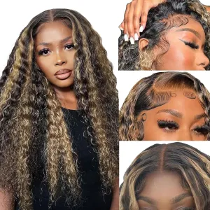 30 Inch Ombre Lace Front Wig Human Hair Deep Wave Highlight Honey Blonde 13x6 Transparent Lace Front Wigs For Women 180% Density Colored 1B/30 Balayage Wigs Human Hair