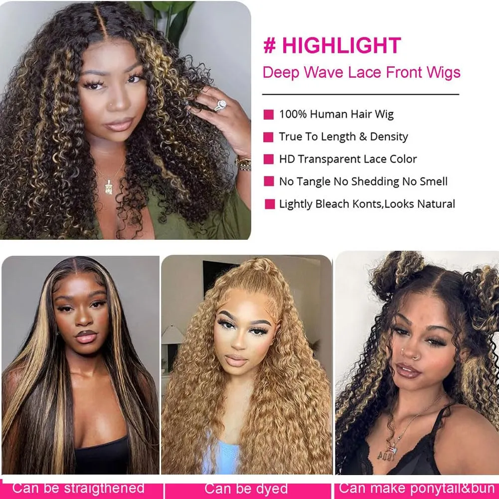 30 Inch Ombre Lace Front Wig Human Hair Deep Wave Highlight Honey Blonde 13x6 Transparent Lace Front Wigs For Women 180% Density Colored 1B/30 Balayage Wigs Human Hair