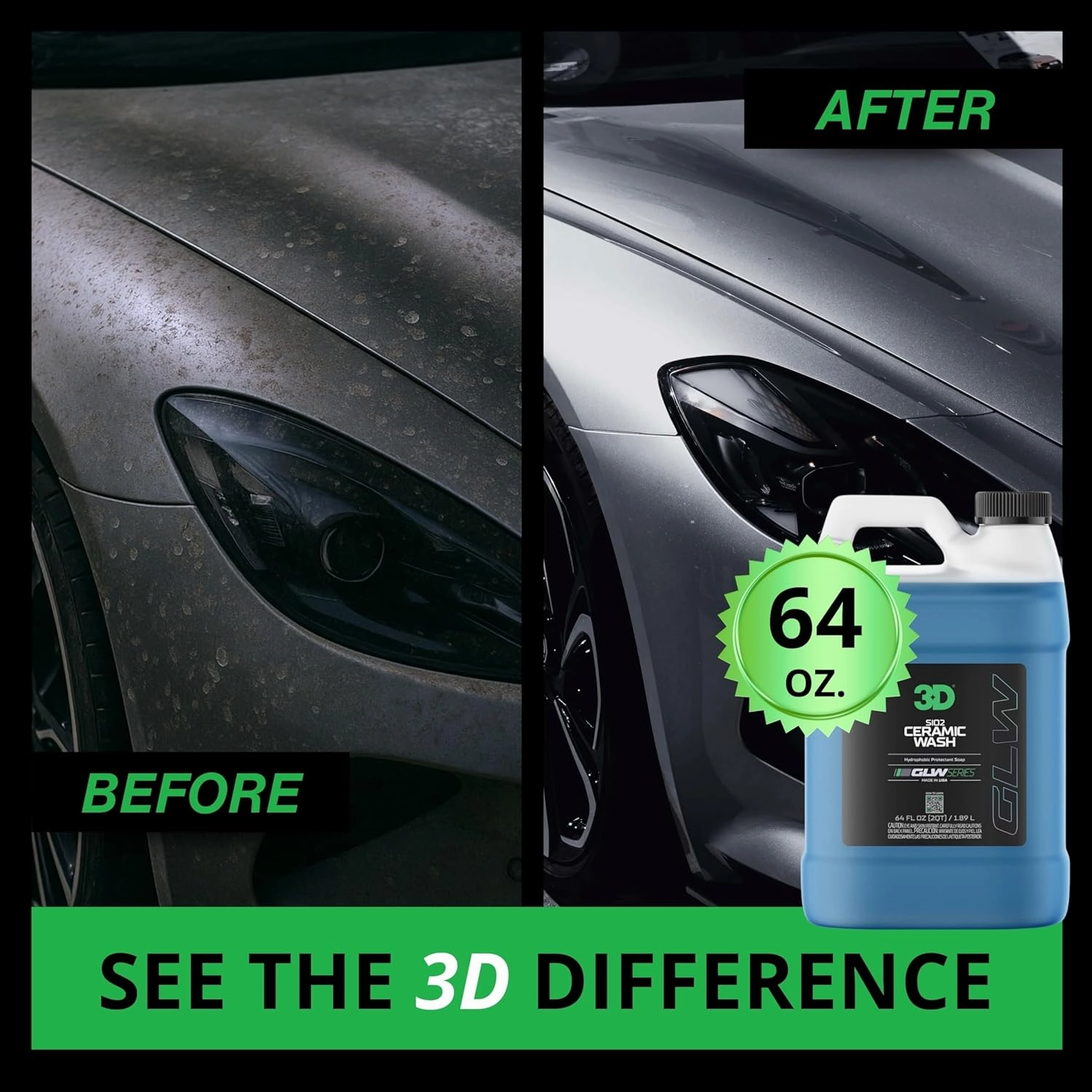 3D SiO2 Ceramic Wash & Wax Soap GLW Series – pH Neutral Car Shampoo with Hydrophobic Protection & Deep Gloss | SiO2 Coating | Scratch-Free Detailing |1 Gallon/64 oz