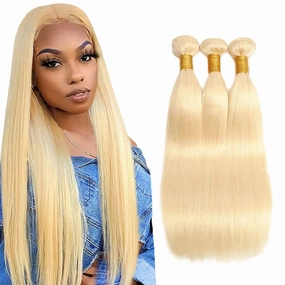 613 Blonde Bundles Human Hair Straight Human Hair Bundles 14 16 18 Inch Honey Blonde Brazilian Hair 3 Bundle Unprocessed Virgin Remy Hair Extensions 50 Gram Per Bundle