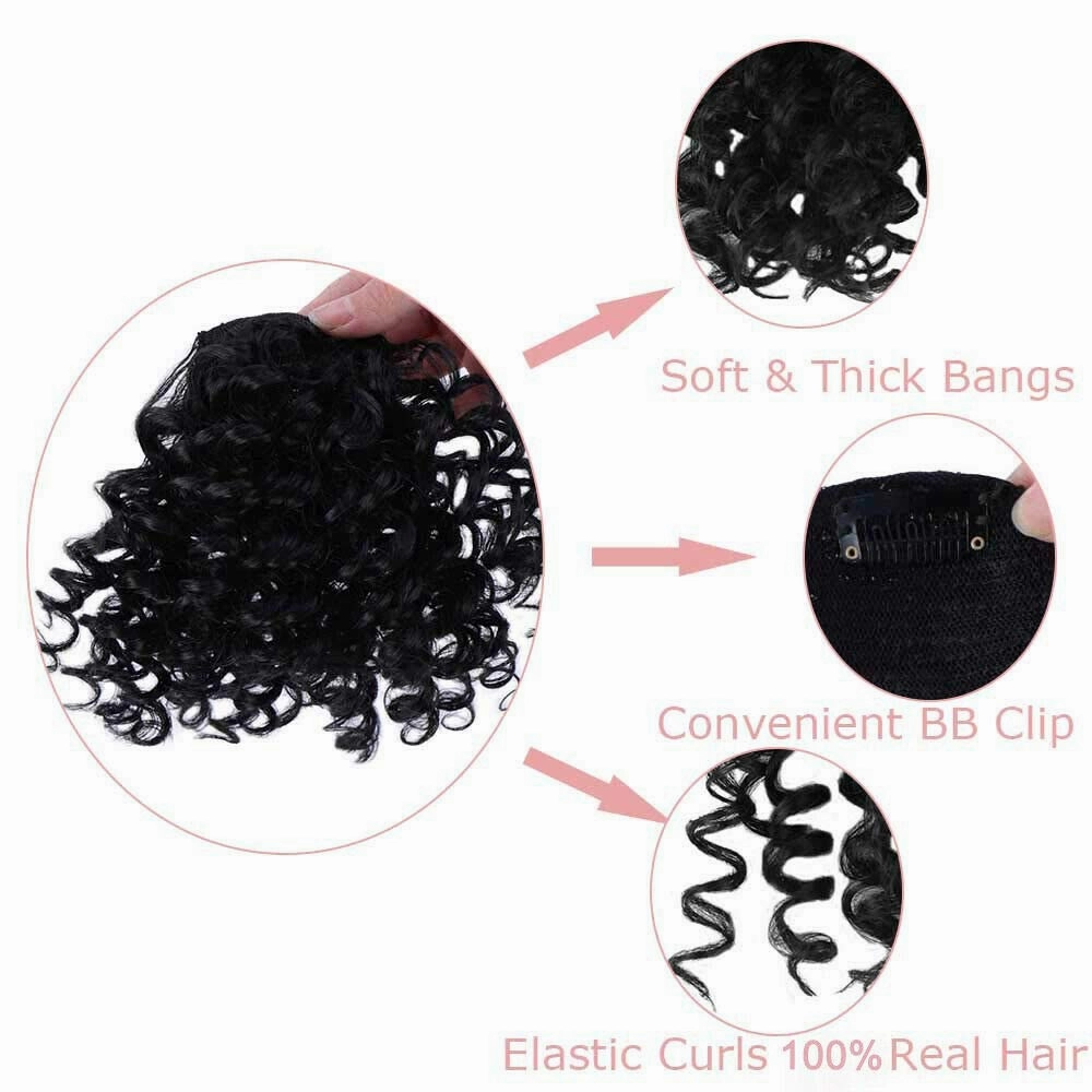 8" Clip on Jerry Curly Hair Bangs Extension 23g Afro Fluffy Clip in Topper 100% Human Hair Front Fringe Hair Pieces 14# Dark Golden Blonde