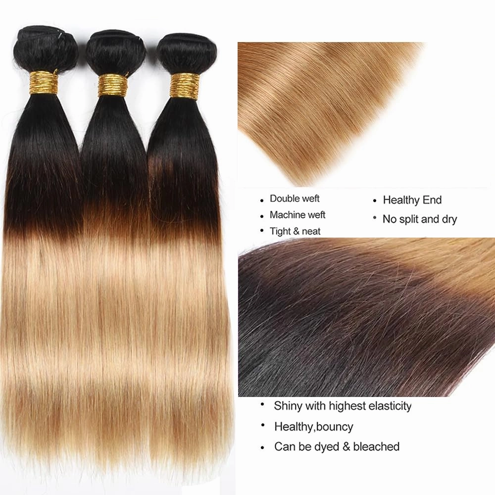 #27 Human Hair Bundles Honey Blonde Straight Human Hair 3 Bundles 10 10 10 inch Three Tone Black To Honey Blonde Bundles