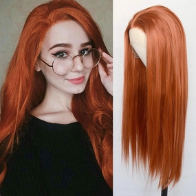 #360 Copper Red Synthetic Lace Front Wigs Long Straight Ginger Red Half Hand Tied Replacement Wigs Heat Resistant Fiber Hair for Cosplay Daily Wear 22inch