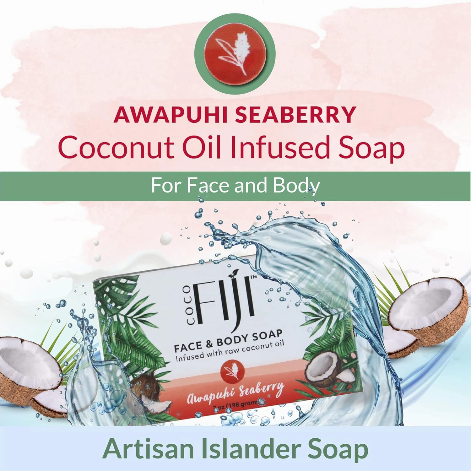 "Coco Fiji Soap Bar for Face and Body Infused With Organic Coconut Oil, Awapuhi Seaberry, Essential Oil, Natural Soap for Moisturizing & Pore Purifying Skin, 7 oz, Pack Of 2 "