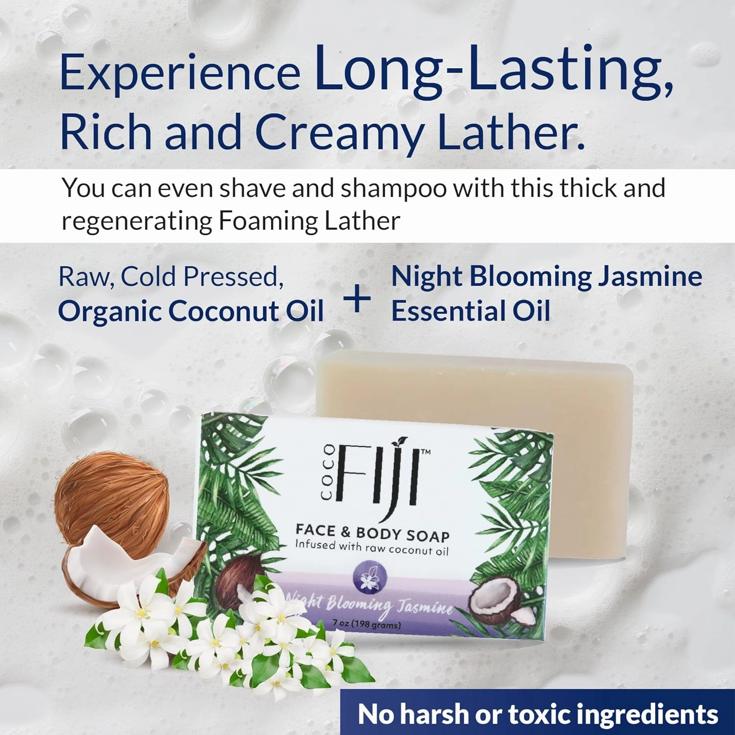 "Coco Fiji Soap Bar for Face and Body Infused With Organic Coconut Oil, Night Blooming Jasmine Essential Oil, Natural Soap for Moisturizing & Pore Purifying Skin, 7 oz, Pack Of 3 "