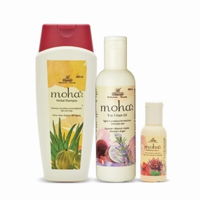 A.K. moha: Hair Essentials Kit Includes Herbal Shampoo 100ml, 5 in 1 Hair Oil 200ml, & Hair Serum 100ml | Complete Hair Care Range For Healthy & Soft Hair | Unisex Product