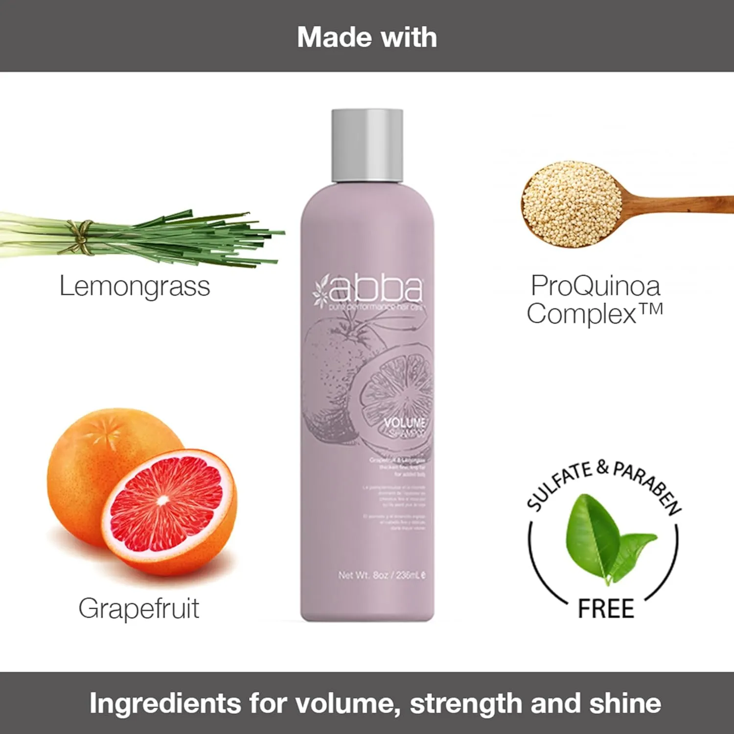 ABBA - Pure Volume Shampoo - Revives & Boosts Hair Volume & Body - Grapefruit & Lemongrass, 8 fl oz