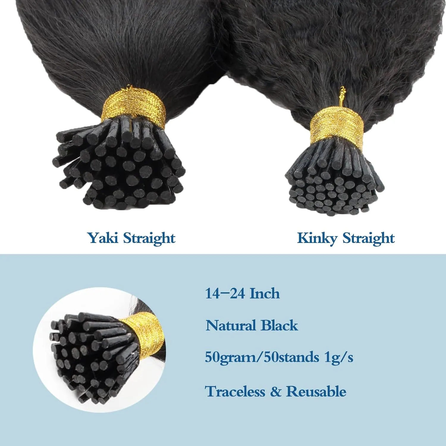 ABH AMAZINGBEAUTY HAIR I Tip Hair Extensions Kinky Straight Human Hair Virgin Natural Black Kinky Straight I Tip Human Hair For Women Invisible Soft Pre Bonded Fusion Stick 50grams 50strands 20 Inch