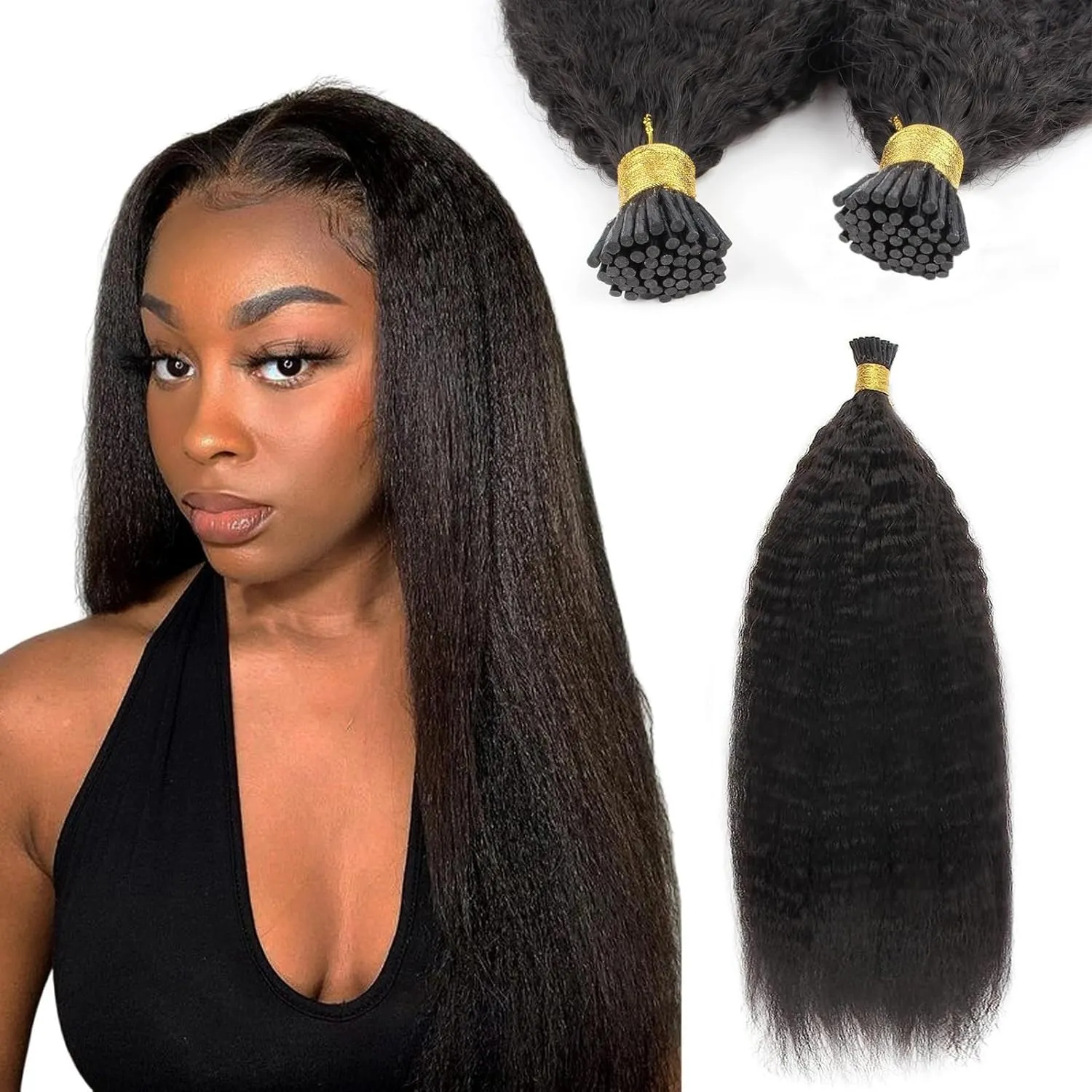 ABH AMAZINGBEAUTY HAIR I Tip Hair Extensions Kinky Straight Human Hair Virgin Natural Black Kinky Straight I Tip Human Hair For Women Invisible Soft Pre Bonded Fusion Stick 50grams 50strands 20 Inch