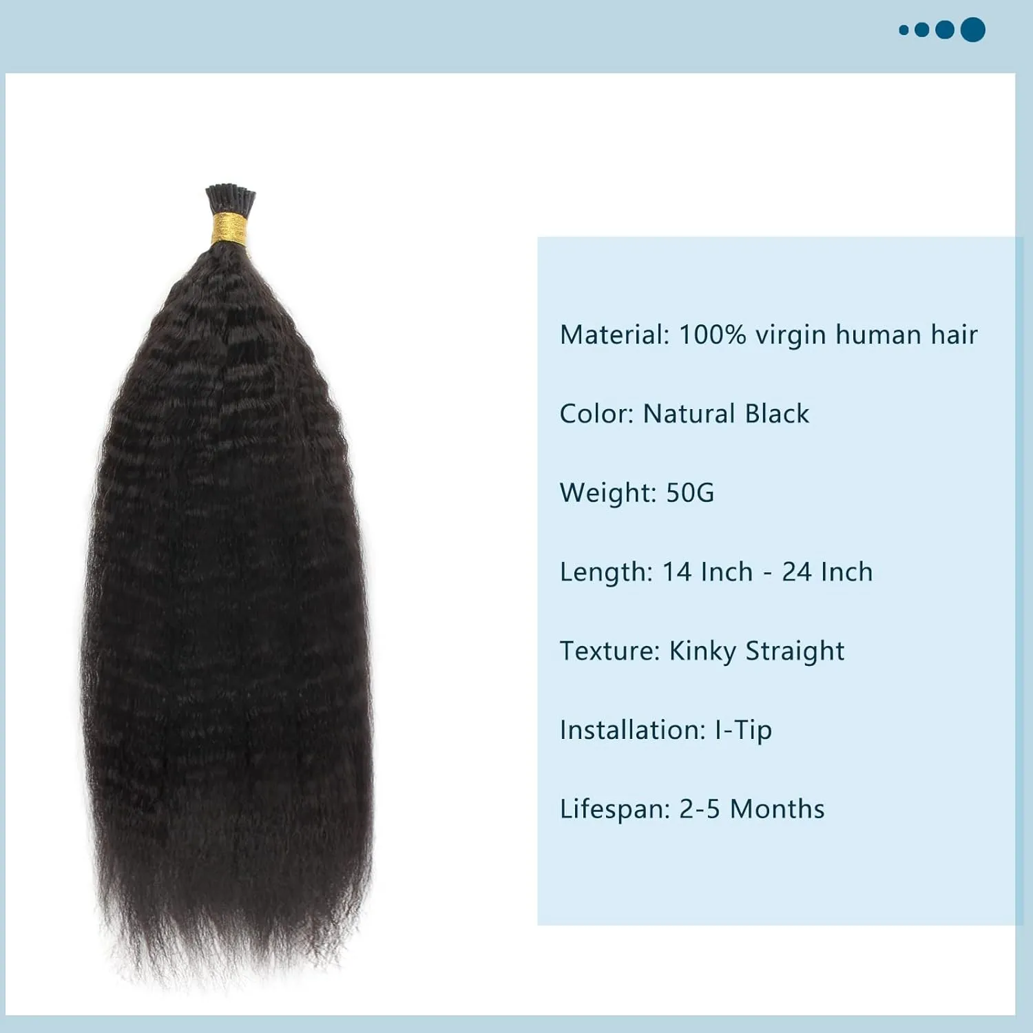 ABH AMAZINGBEAUTY HAIR I Tip Hair Extensions Kinky Straight Human Hair Virgin Natural Black Kinky Straight I Tip Human Hair For Women Invisible Soft Pre Bonded Fusion Stick 50grams 50strands 20 Inch
