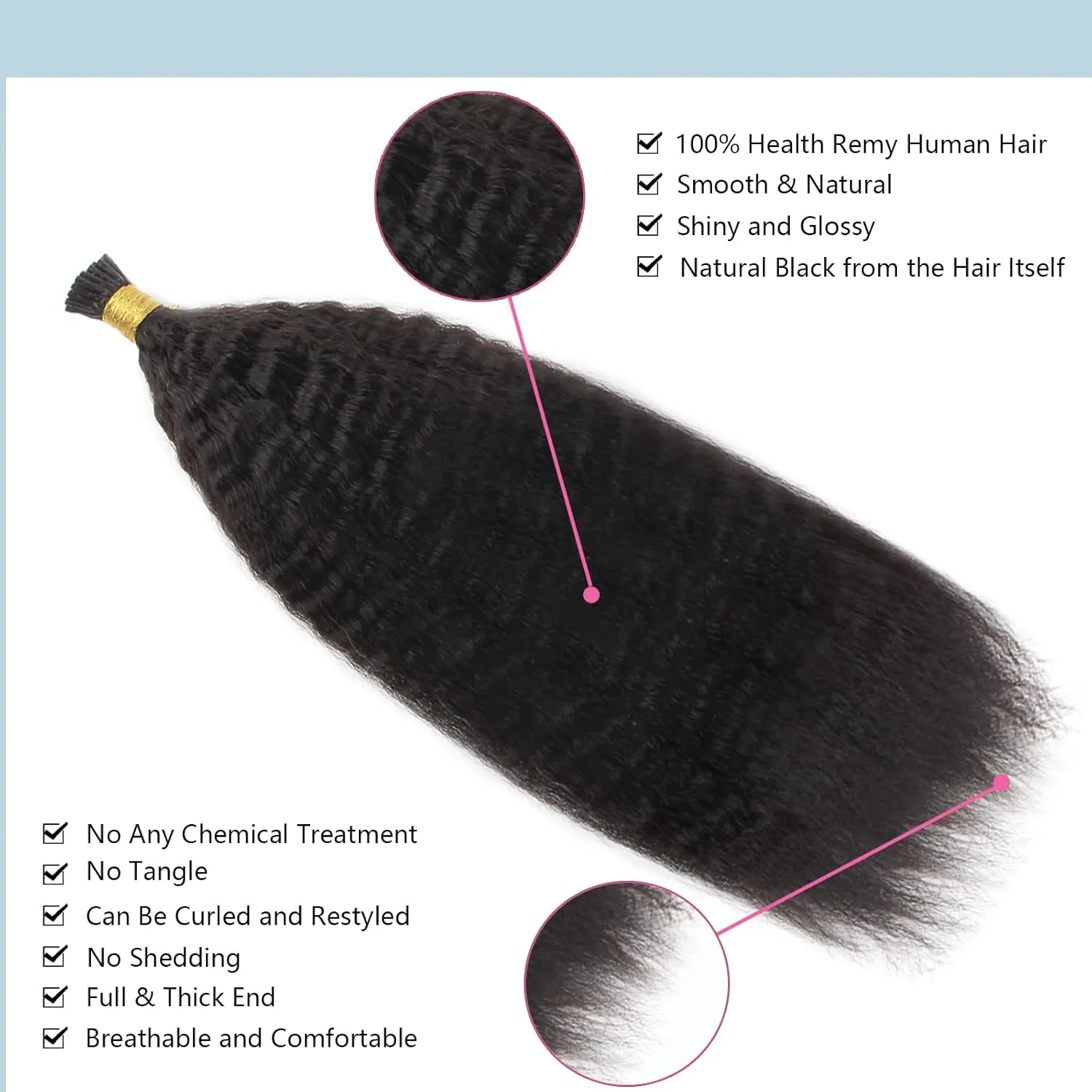 ABH AMAZINGBEAUTY HAIR I Tip Hair Extensions Kinky Straight Human Hair Virgin Natural Black Kinky Straight I Tip Human Hair For Women Invisible Soft Pre Bonded Fusion Stick 50grams 50strands 20 Inch