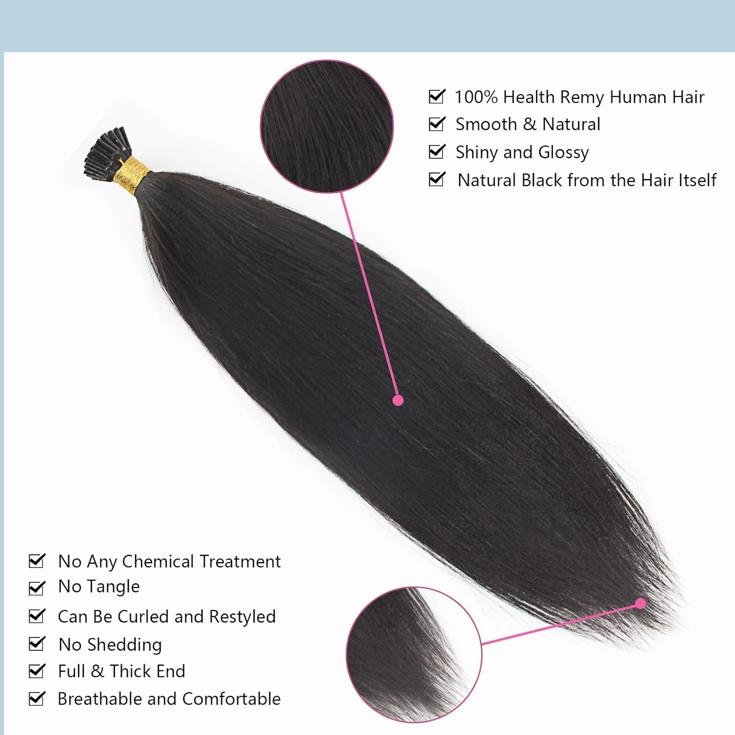 ABH AMAZINGBEAUTY HAIR 14 Inch I-Tip Yaki Straight Human Hair Extension, 50g, 50 Strands, Natural Black, Remy Hair for Black Women