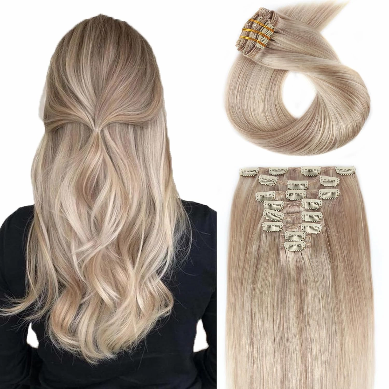 ABH AMAZINGBEAUTY HAIR Clip in Hair Extensions Real Human Hair Ash Blonde Highlights Golden Blonde Straight Hair Extensions Clip in 14 Inch P16/22 Natural Straight Hair 120G 8 Pieces With 18 Clips