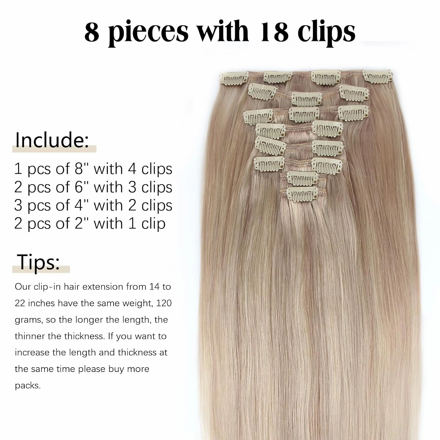 ABH AMAZINGBEAUTY HAIR Clip in Hair Extensions Real Human Hair Ash Blonde Highlights Golden Blonde Straight Hair Extensions Clip in 14 Inch P16/22 Natural Straight Hair 120G 8 Pieces With 18 Clips