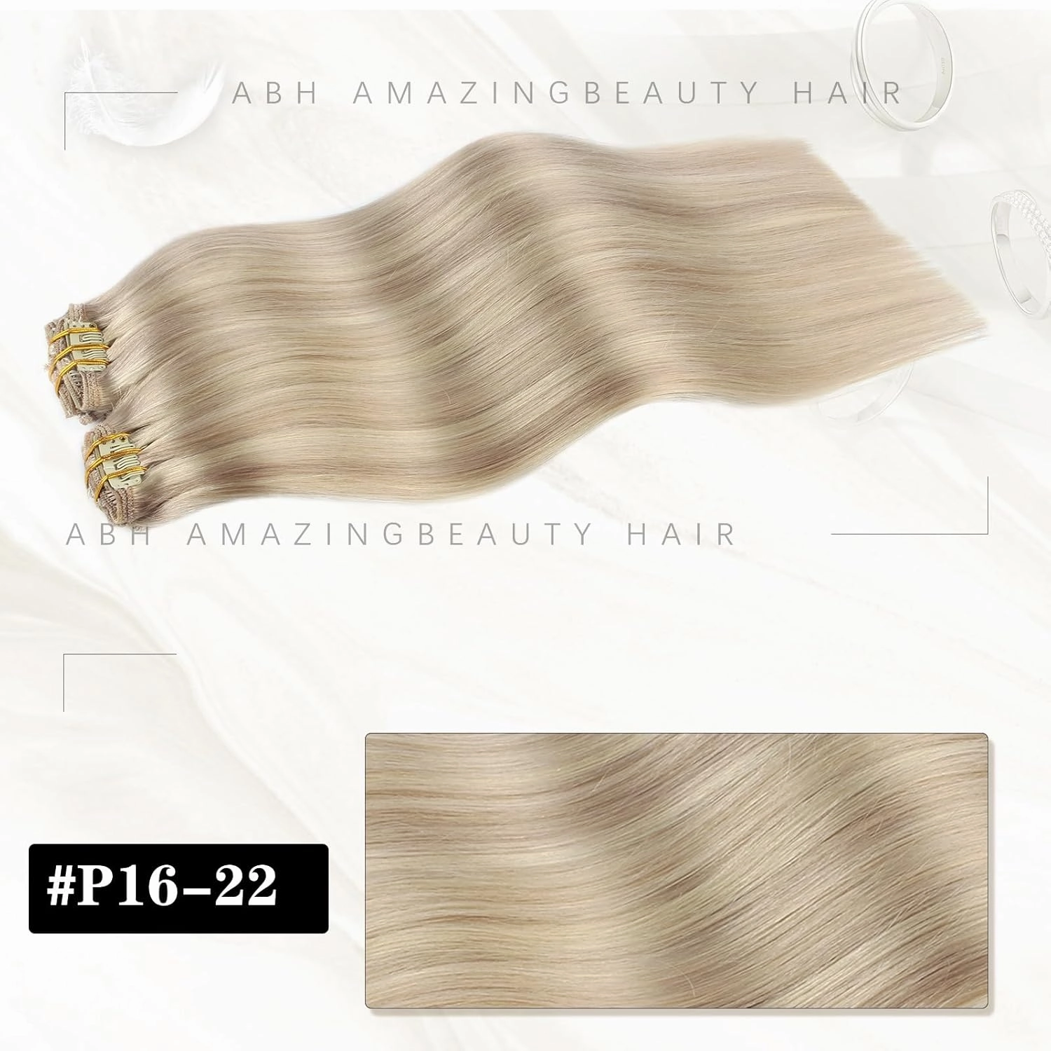 ABH AMAZINGBEAUTY HAIR Clip in Hair Extensions Real Human Hair Ash Blonde Highlights Golden Blonde Straight Hair Extensions Clip in 14 Inch P16/22 Natural Straight Hair 120G 8 Pieces With 18 Clips