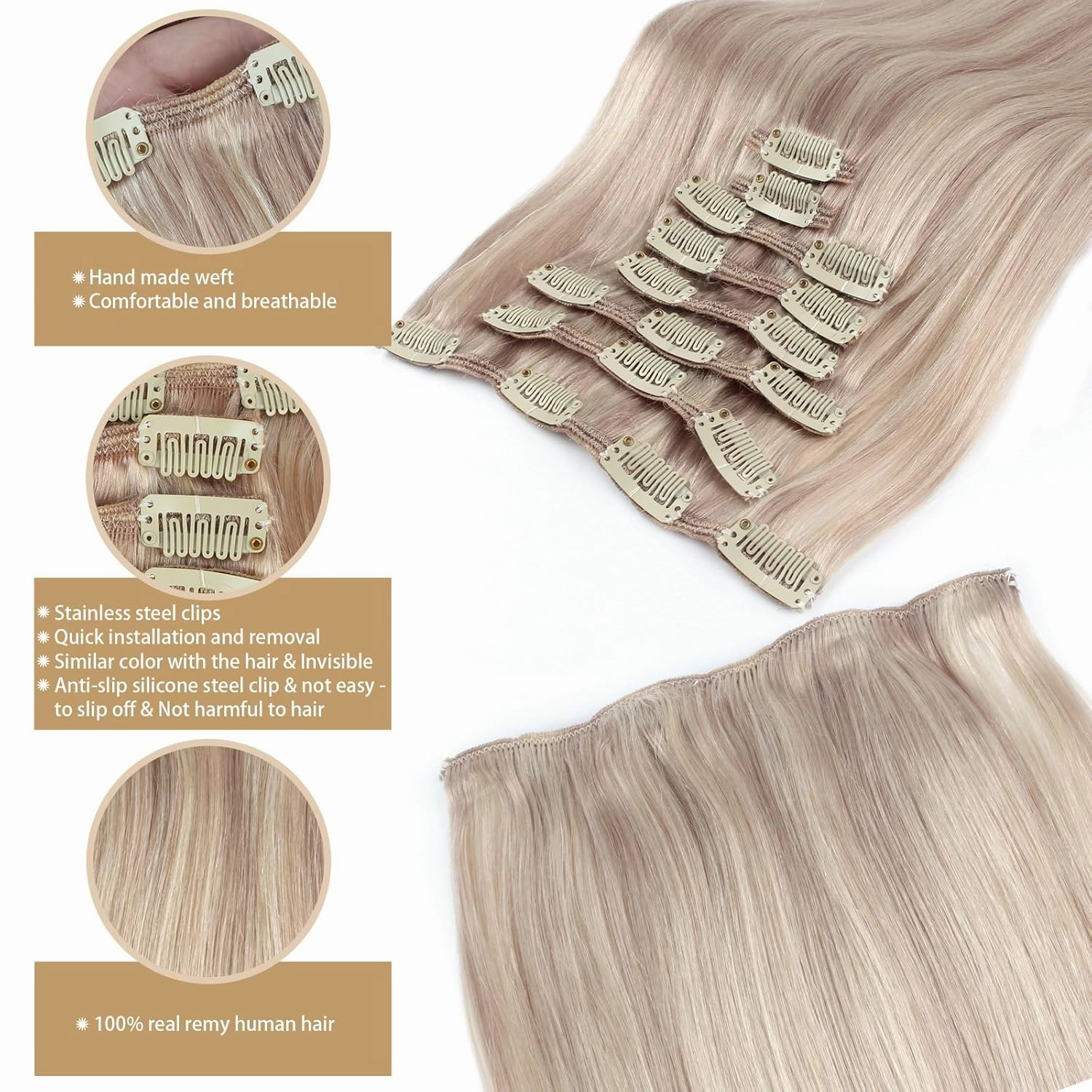 ABH AMAZINGBEAUTY HAIR Clip in Hair Extensions Real Human Hair Ash Blonde Highlights Golden Blonde Straight Hair Extensions Clip in 14 Inch P16/22 Natural Straight Hair 120G 8 Pieces With 18 Clips