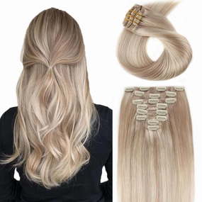 ABH AMAZINGBEAUTY HAIR Clip in Hair Extensions Real Human Hair Ash Blonde Highlights Golden Blonde Straight Hair Extensions Clip in 14 Inch P16/22 Natural Straight Hair 120G 8 Pieces With 18 Clips