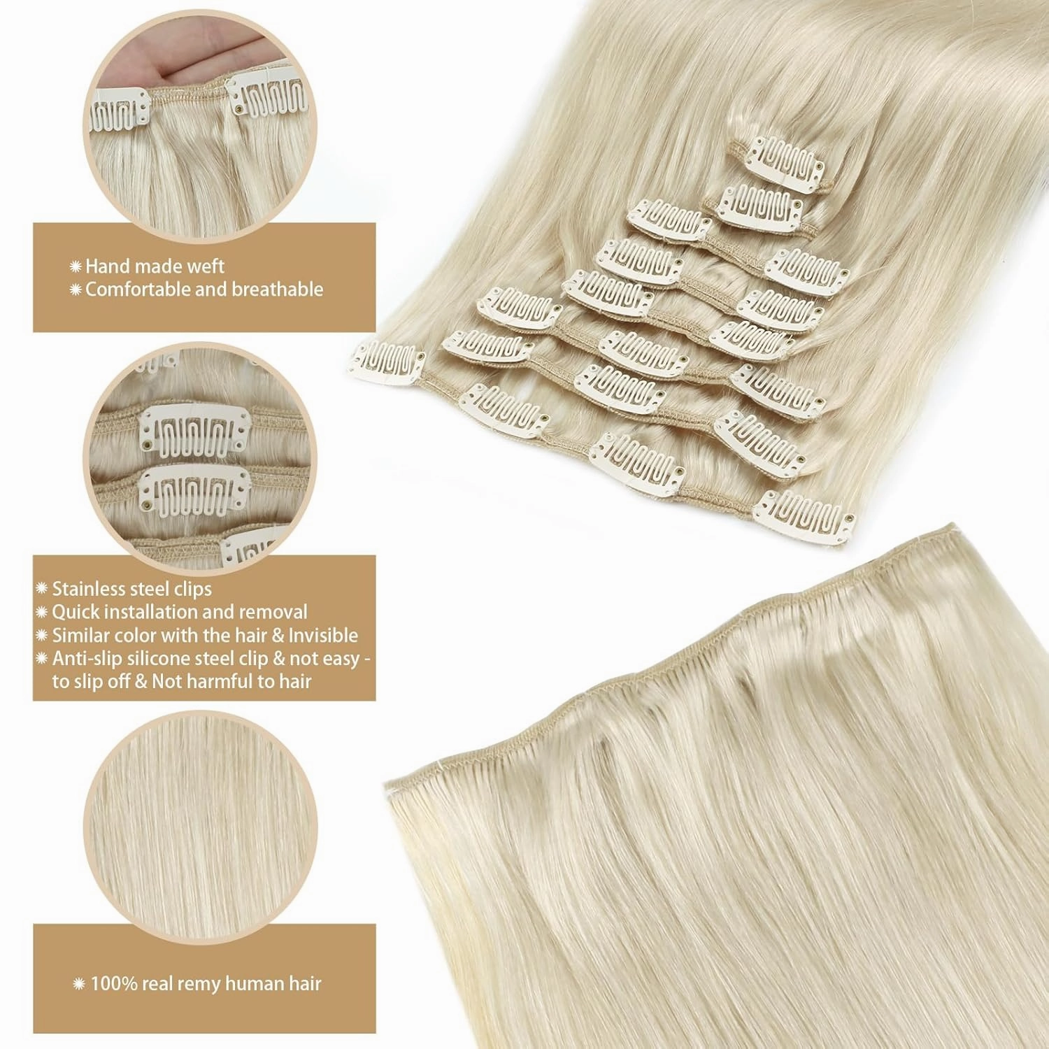 ABH AMAZINGBEAUTY HAIR Clip in Hair Extensions White Blonde 20 Inch Clip in Hair Extensions Human Hair Straight Skin Weft Clip on Real Human Hair #1000 Ice Blonde 8Pcs 120G Double Side Full Head