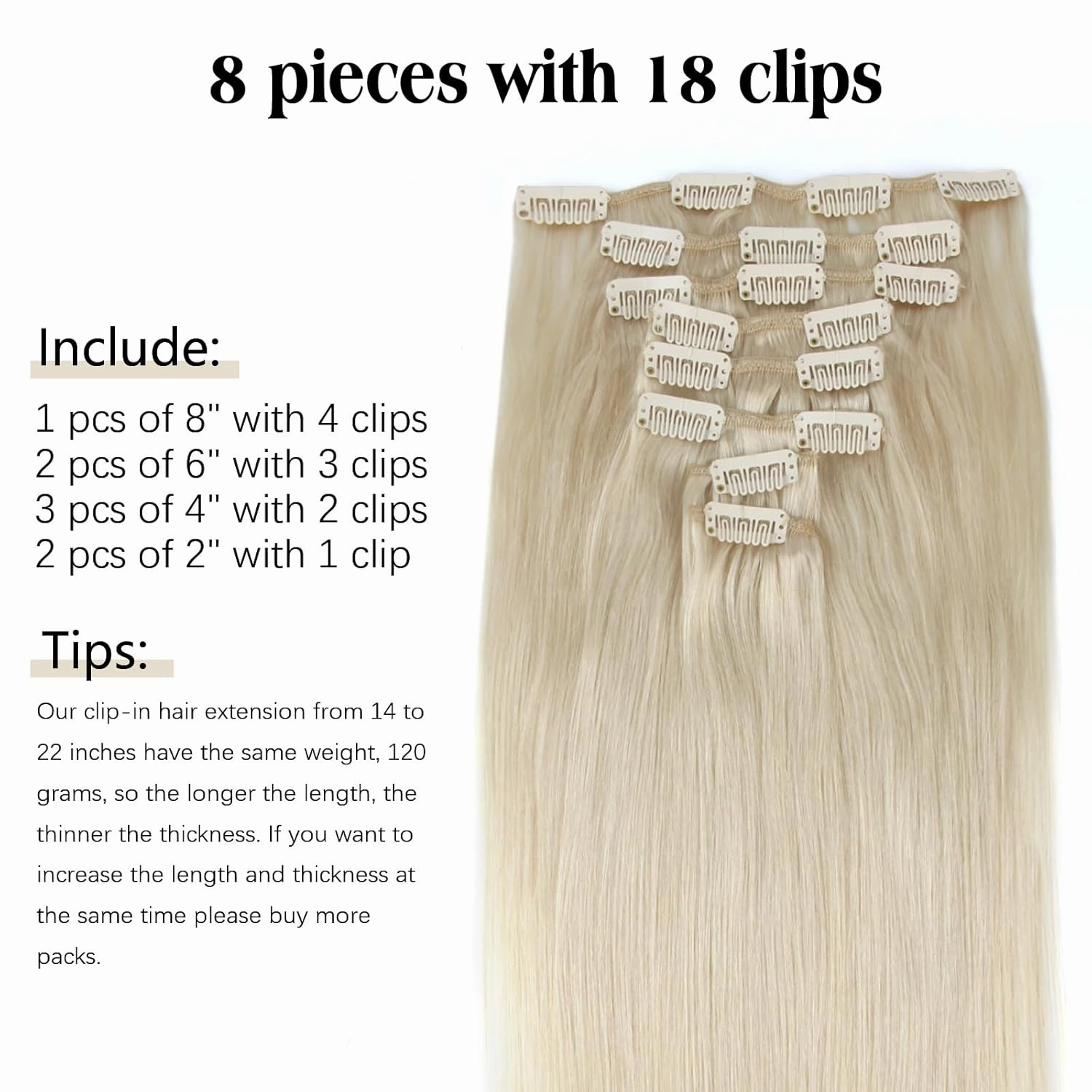 ABH AMAZINGBEAUTY HAIR Clip in Hair Extensions White Blonde 20 Inch Clip in Hair Extensions Human Hair Straight Skin Weft Clip on Real Human Hair #1000 Ice Blonde 8Pcs 120G Double Side Full Head